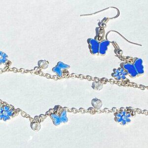Butterfly Charm Bracelet Anklet Blue Enamel Crystal & Hanging Butterfly Earrings